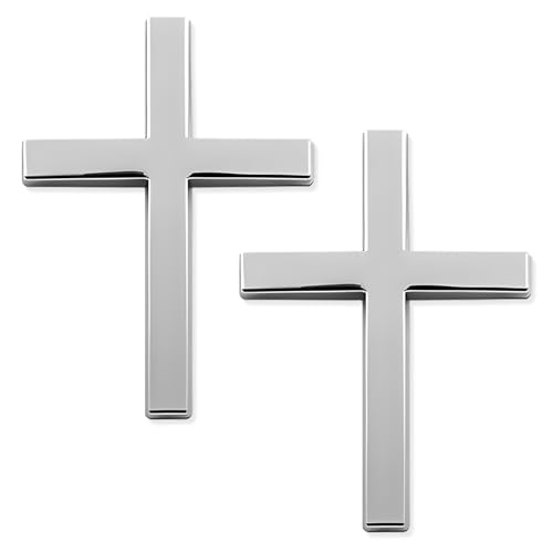 FSTURIOS 2PCS Metal Christian Cross Emblem Stickers, 2.5×1.8in 3D Jesus Christ Auto Emblem Badge Decal, Self-Adhesive Styling Cross Decal Decoration for Trunk Tailgate Side Fender (Silver)