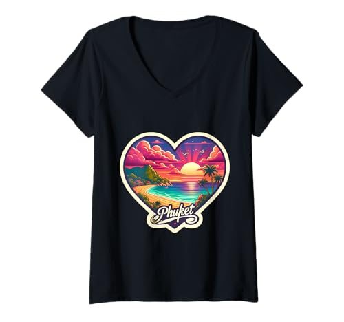 Donna I Love Phuket Cuore Vintage Tramonto Retro Sun Beach Souvenir Maglietta con Collo a V