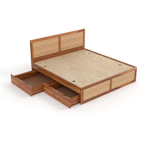 Image of Sheesham Wood Cane Bed with Drawer Storage for Bedroom | Queen Size Wooden Double Bed Palang with Rattan Headboard & Footboard (Honey Finish)