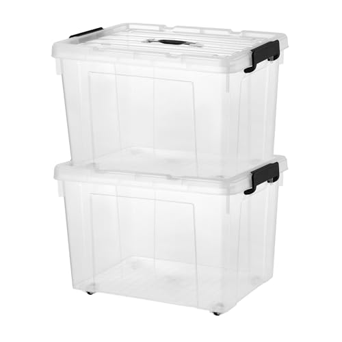 SHUNYILONG 2 Packs 84 Quarts Heavy Duty Storage Bins with Wheels Lids, Plastic Storage Containers - Locking Lid, Stackable Clear Bins for Garage/Closet (2, 84 Qt.) by SHUNYILONG - Used condition - US$71.05
