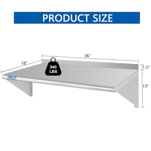 Image of HARDURA Stainless Steel Shelf 18 inch x 36 inch, 340lb Commercial Shelves Wall Mount Metal Shelving with Backsplash and Brackets for Kitchen, Restaurant, Laundry Room and Home