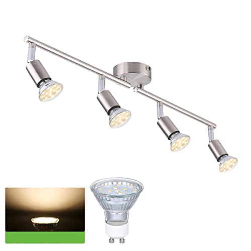 Plafonnier LED 4 Spots orientables, Argent 4 x 4W GU10 Barre Spot Plafond LED Eclairage intérieur pour Salon Salle à Manger Cuisine Couloir