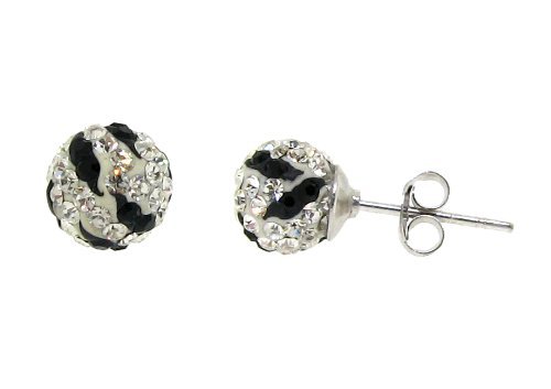 Sterling Silver Sparkling Crystal 12mm Round Ball Stud Earrings (Zebra)