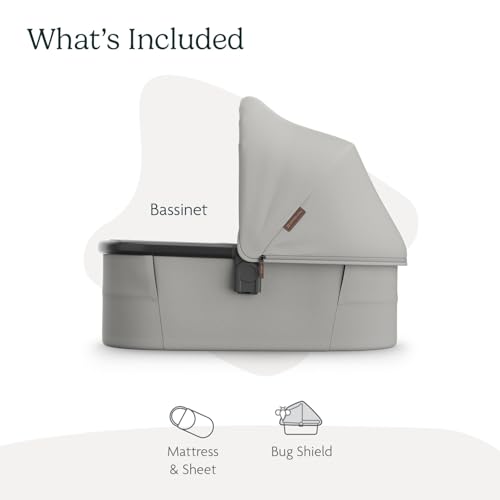 Image of UPPAbaby Bassinet V3 - Compatible with Vista, Cruz, Ridge Strollers - Overnight Sleep Solution - Mattress, Sheet and Bug Shield Included - Savannah (Pearl Gray Jacquard /Carbon Frame)