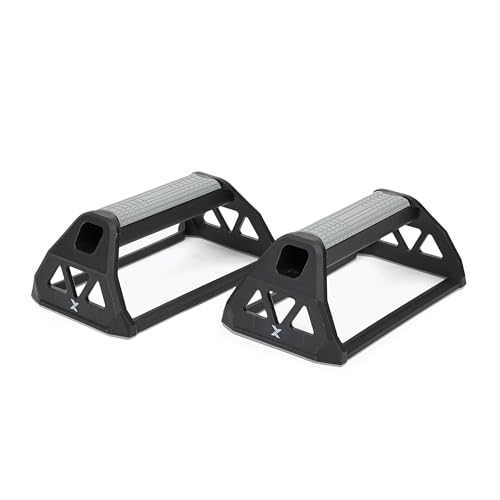 TREXO Puños para flexiones en color negro, 19 x 11 x 8 cm, base estable y antideslizante, de polipropileno resistente y TPR, mejora la eficacia del entrenamiento de fuerza y resistencia push-up (asas