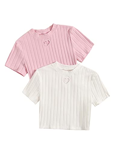 SHENHE Girl's 2 Piece Mock Neck Short Sleeve Crop Tops Heart Embroidery Cutout Ribbed T Shirts