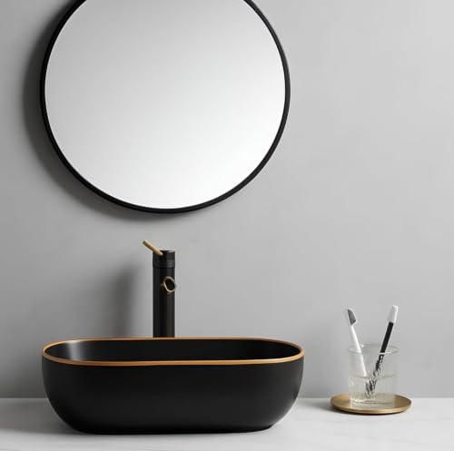 Image of OSOSAM Elegant Matte Finish Black & Gold Ceramic Bathroom Sink - Table Top Basin - 18x13x5.5 Inch