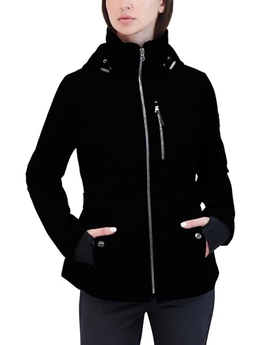HFX Women's Softshell Transitional Jacket – Bonded with Mellow Pile, Lightweight Water & Wind Resistant with Faux Fur Lining, Black, Large