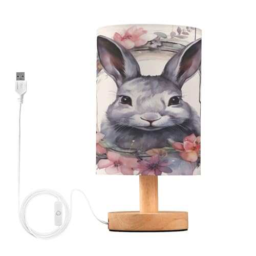 SDMKA Watercolor Bunny Bedside Table Lamp for Bedroom, Minimalist Nightstand Lamp with Round Fabric Shade for Living Room, Office, No Bulb Required
