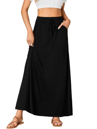Rooscier Women's Elastic High Waist Back Slit A-Line Long Skirt with Pocket3