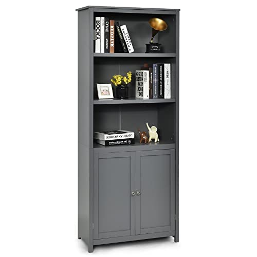 Giantex Bibliothèque Vitrine avec 3 Étagères Réglables, Buffet de Cuisine avec 2 Portes, Armoire de Rangement Multi-Usages pour Salon, Cuisine, Bureau, 75 x 36 x 182 cm (Gris)