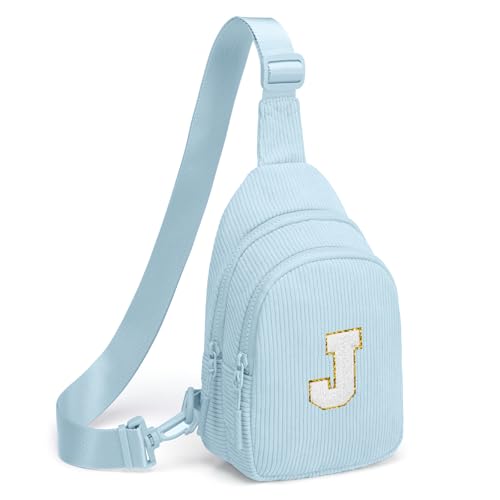 Small Corduroy Sling Bag Initial Crossbody Bag Fanny Pack for Girls Personalized Birthday Gifts for Teen Girls Gifts Icing Blue J