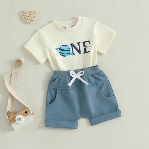 Pudcoco Toddler Baby Boys First Birthday Outfit 1st Birthday Clothes Space One T-shirt and Shorts Set2