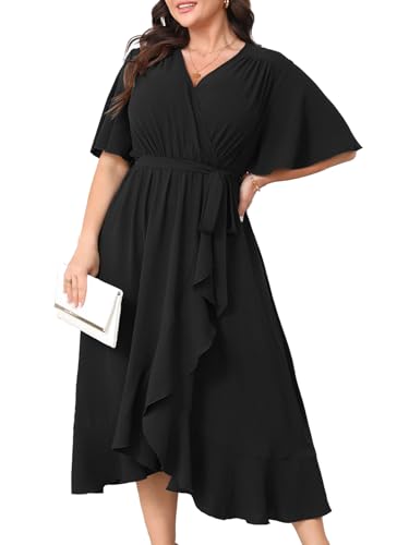 Plus Size Formal Wedding Guest Cocktail Dresses for Curvy Women Maxi Dress Wrap V Neck Short Sleeve