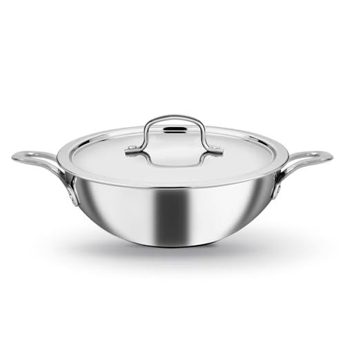 Image of Kichera Triply Stainless Steel Kadai with lid | 24cm /9.4 inch, 2.5Ltr, 1.7kg| Smooth Finished Flat Bottom Induction Deep Fry Kadhai |Ideal for All cooktops Cookware | 3 Layer Kadai for Cooking