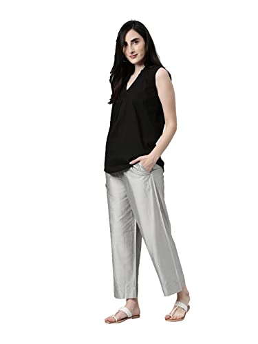 Image of GO COLORS Women Blue Stripe Cotton Wide Pants
