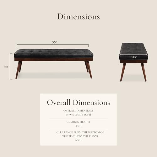 Image of Poly & BARK 55 inch Tufted Leather Bed Bench for Bedroom End of Bed - Living Room Entry Way Bench - Pure Italian Leather Upholstery with a Solid Wood Frame - Ottoman Bench with Wooden Legs - Onyx Black