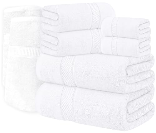 Oakias Premium Towel Set 600 GSM 8 Piece White - 100% Ring Spun Cotton Highly Absorbent Towels Set - Super Soft Bathroom Towel Set - Hotel Quality Double Stitched Hem - Ideal for Hotels, Spa, Gyms