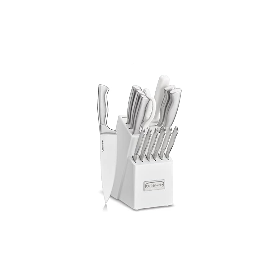 Cuisinart Block Knife Set, 15pc Cutlery Knife Set with Steel Blades for Precise Cutting, Lightweight, Stainless Steel Durable & Dishwasher Safe, White