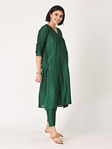 Image of The Mom Store Maternity Nursing and Feeding Kurta Set | Nursing Zippers | Pre and Post Pregnancy | Raw Silk | Kurta Pant Set | Solid |