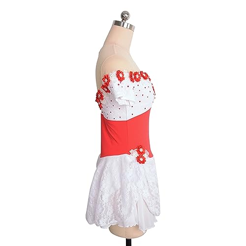 Vestido de patinação artística, elegante renda floral com strass Competição de patinação artística T