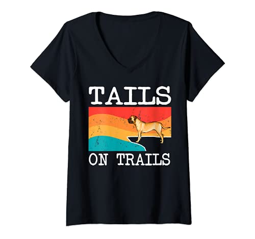 Womens Tails On Trails Bullmastiff Dog Funny Hiking V-Neck T-Shirt, Black