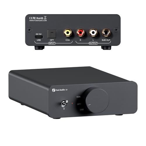 Fosi Audio Q6 Mini Desktop DAC, USB C Digital to Analog Audio Converter for Home Stereo Amplifier and Headphone Amp, Optical/Coaxial Input, RCA Output/Sub-Out, High-Resolution 32bit/768kHz DSD512