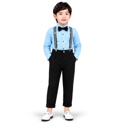 Image of SAGAR IMPEX Boys Cotton Blend Solid Full Sleeves Shirt and Pant Set with Suspender and Bow Tie | Clothing Set for Boys