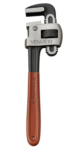 Image of Venus 10 inch Professional Pipe Wrench, Silver and Black with Brown Handle, Heavy Duty Steel, Adjustable Grip