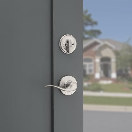 Image of Kwikset Prescott Front Door Lock Handle and Deadbolt Set, Entry Handleset Exterior with Interior Reversible Lever, Satin Nickel, Pick Resistant SmartKey Rekey Deadbolt Security