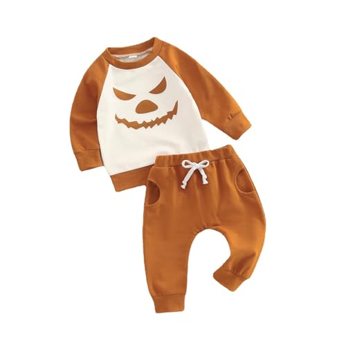 Toddler Boys Halloween Clothes Pumpkin Print Long Sleeve Round Neck Pullover Solid Color With Pocket Pants Set