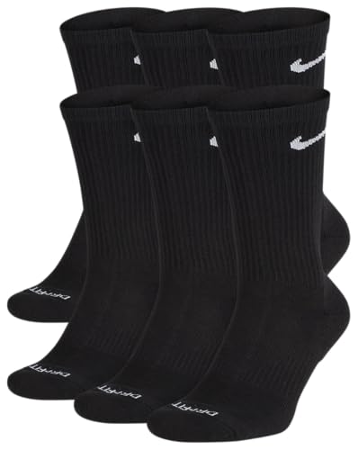 Nike Everyday Plus Dri-FIT Cushioned Crew Long Athletic Training Casual Socks - 6 Pack (US, Alpha, Large, Regular, Regular, Black)