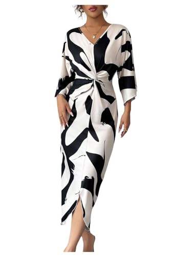 SweatyRocks Womens Twist Front V Neck Cow Print Long Dress Elegant 3/4 Ruffle Sleeve Cocktail Dresses Black and White Medium