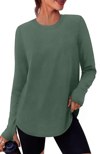 NIASHOT Workout Tops for Women Crewneck Long Sleeve Shirts with Thumb Holes UPF 50+ Sun Shirts for Hiking Running Gym Clothes