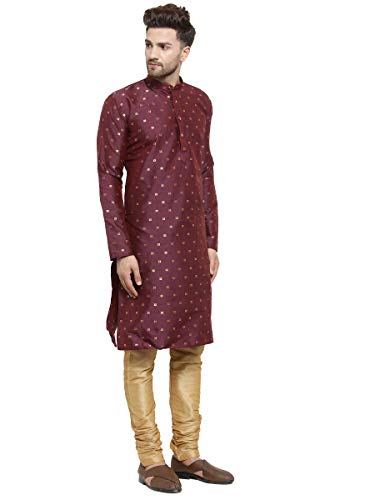 Image of SOJANYA (Since 1958 Men's Silk Blend Wine Kurta & Gold Churidar Pyjama SET, Size: 42
