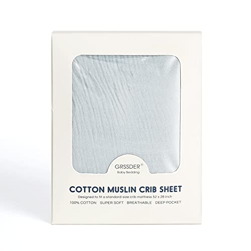 Image of GRSSDER Soft Muslin Crib Sheet 1 Pack, 100% Cotton Crib Sheets with Deep Pocket for Boys and Girls, Fit Standard Crib Mattresses 52 inch x 28 inch Safe and Snug, Misty Blue