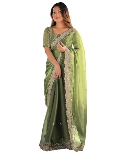 Image of Satrani Women's Shimmer Chiffon Sequins Embroidery Saree with Unstitched Blouse Piece