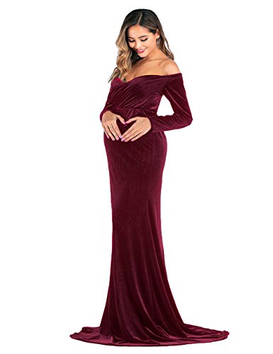 JustVH Velvet Maternity Off Shoulder Half Circle Fitted Gown Maxi Photography Dress for Baby Shower Photo Props Dress Burgundy - Image 6