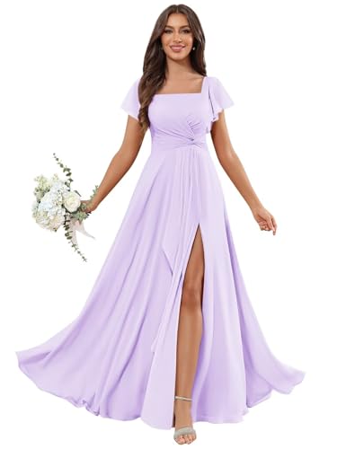 Square Neck Chiffon Bridesmaid Dresses for Women with Sleeve Long Ruffle A-Line Formal Party Gowns with Slit
