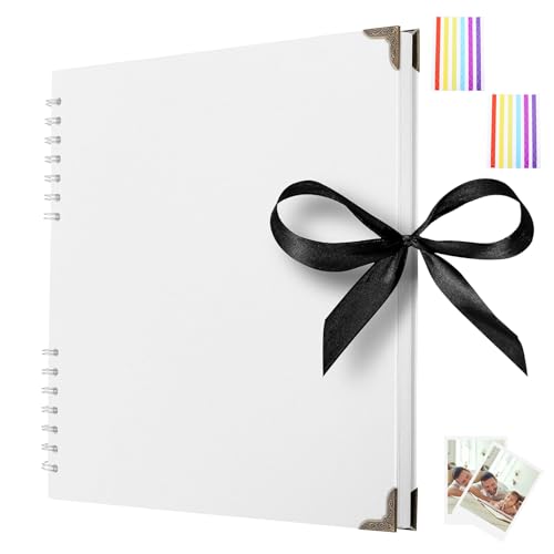 DDUP Scrapbook Photo Album 60 Pages-21x 21cm,Thick Kraft Paper Spiral Bound Scrap Book,Wedding Picture Scrapbooking Album 180gsm Memory Book Ideal for Memories (White, 21x21cm)
