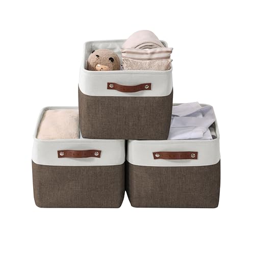 Image of DECOMOMO Storage Bins, Large Fabric Storage Baskets for Shelves, Decorative Linen Closet Organizer, 15 x 11 x 9.5 inches (Brown & White, 3 Pack)