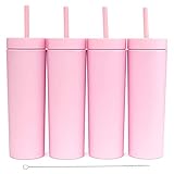 SKINNY TUMBLERS (4 pack) Matte Pastel Colored Acrylic Tumblers with Lids and Straws | 16oz Double...