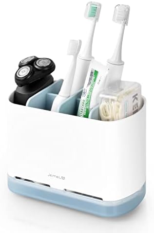 JOMOLA Toothbrush Holder Wall Mounted Ventilated Mould-Proof Toothbrush Caddy Electric Toothbrush Caddy with Detachable Tray For Bathroom Storage Detachable Toothpaste Dispenser Plastic White & Blue