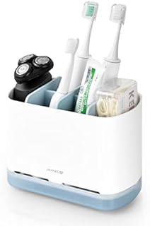 JOMOLA Toothbrush Holder Wall Mounted Ventilated Mould-Proof Toothbrush Caddy Electric Toothbrush Caddy with Detachable Tray For Bathroom Storage Detachable Toothpaste Dispenser Plastic White & Blue