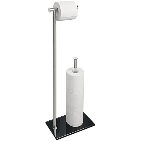 Toilettenpapierhalter Stehend, SAYAYO Klopapierhalter Stehend mit Gehärtetem Glas Basis Schwarz und Ersatzrollenhalter Edelstahl Toilet Paper Holder Cover