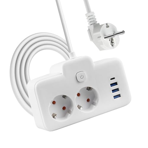 Lotvic Regleta Enchufe con 2 Tomas y 4 Puertos de USB, Alargador Enchufe con Interruptor, Enchufe Alargador Multiple, 1.8 m, para El Hogar, La Oficina y Los Viajes