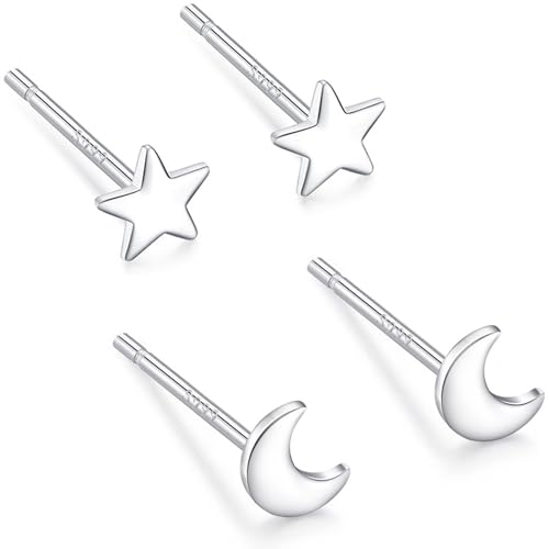 Pendientes de estrella y luna para mujer, 2 pares de pequeños pendientes simples, plata de ley S999, estrella y luna, para niñas, regalo minimalista para niñas y adolescentes, Kleine Größe, Plata, No