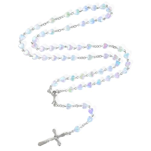 Rosary Beads Cross Necklace for Women, Catholic Rosary Necklace for Men with Crucifix, Crystal Heart Shaped Rosarios Catolicos, First Communion Christian Gifts(Colorful Clear)