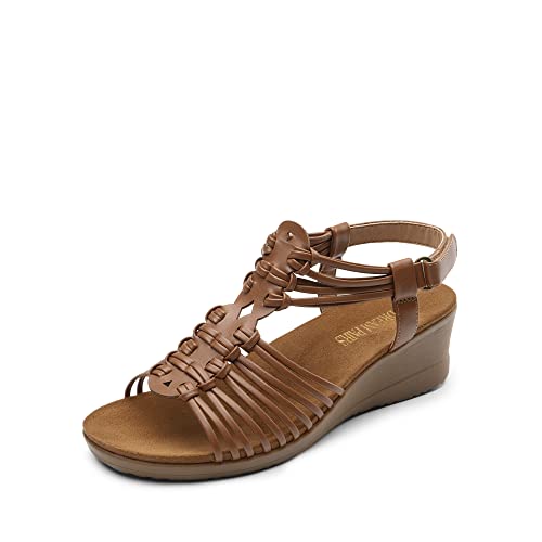 DREAM PAIRS Women's Comfortable Strappy Low Heel Open Toe Slip-On Wedge Sandals Arch Support for Summer Dressy Shoes 9.5 Brown
