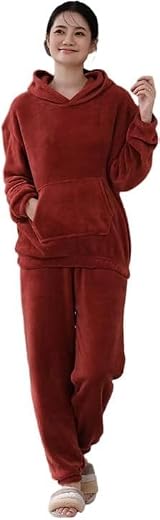 Cigain Pajamas for Women, Autumn/Winter, Roomwear, Top and Bottom Set, Pair of Fluffy Pajamas, Long Sleeves, Warm, Nightwe...